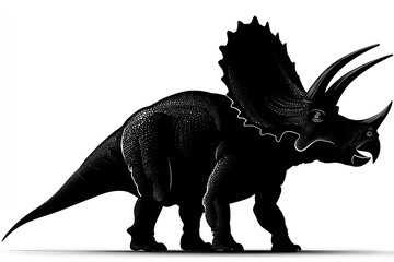 Black Silhouette Dinosaur with Large Frilled Head and Horns Standing on White Background