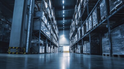 Fototapeta premium Industrial warehouse with stacked pallets and metal shelves, showcasing organized logistics and efficient storage solutions.