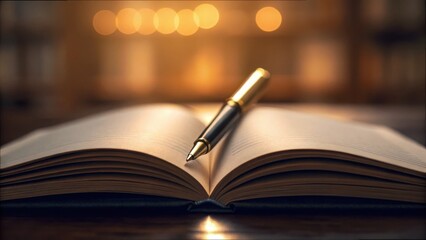 Open Book with Gold Pen on Table in Beautiful Library Setting