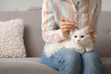 Young woman with tick extractor removing parasite from cat at home