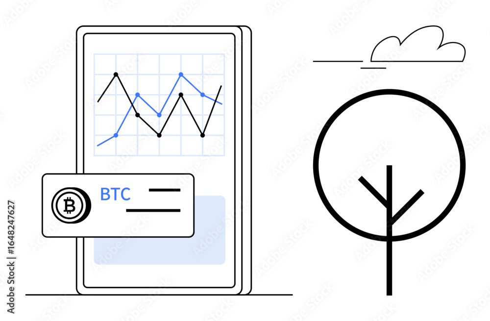 Poster smartphone screen displaying cryptocurrency graph and btc data card, accompanied by minimalist tree 