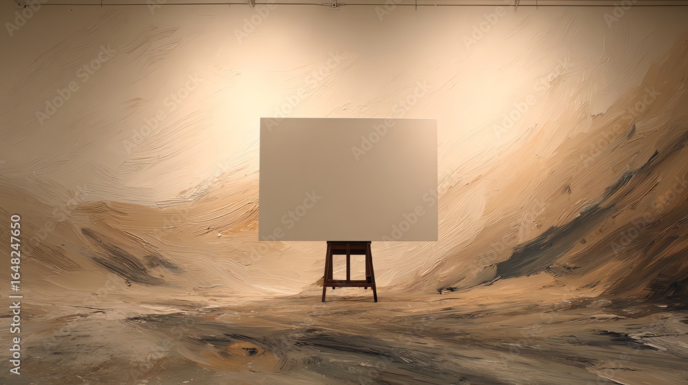Poster empty canvas on easel in desert like studio art background