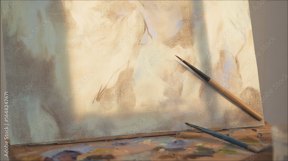 Poster painting in progress on canvas with two brushes and palette