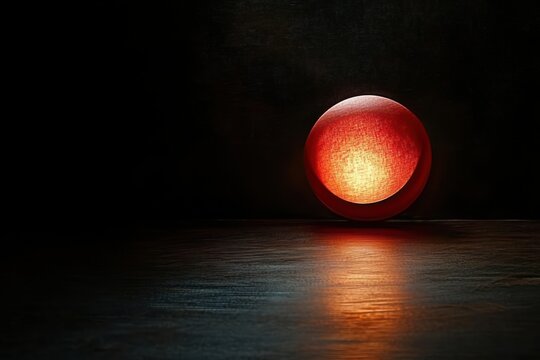 A glowing red spherical lamp casting a warm light and reflection on a dark wooden surface in a dim minimalistic setting