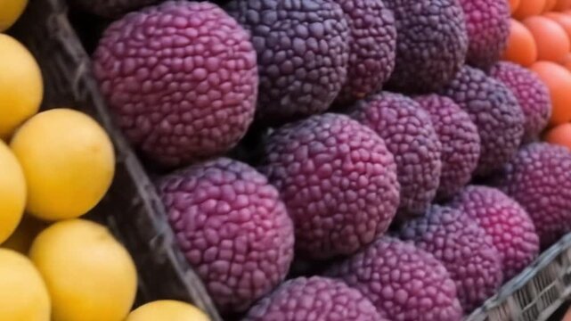 Close Up View of Fresh Purple Plums Arranged in Rows on a Market Stall Abundant Organic Fruit Display Healthy Food Background