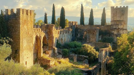 Ancient stone fortress ruins bathed in warm sunlight surrounded by greenery and tall cypress trees with distant mountainous landscape under cloudy sky