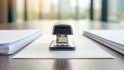 Close-Up of Stapler on Wooden Table Surrounded by Documents