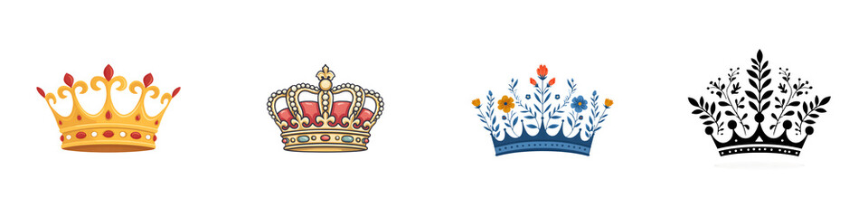Collection of Ornate Crown Illustrations on White Background