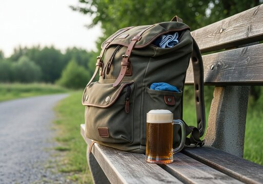 Oktoberfest Green canvas backpack with leather accents rests on a wooden bench beside a glass of amber beer in a park