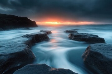 Obraz premium Moody seascape with dark rocks and waves flowing under a dramatic cloudy sky during sunset with glowing horizon light