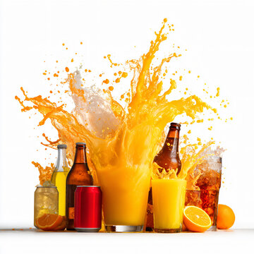 Orange Soda Splash Drink Citrus Beverage Summer Fun Party Energy Cocktail Refreshing Sweet Carbonated Can Bottle Jar Bright Juicy Yellow Isolated Foam Bubbles Mixing Market Bar Diner