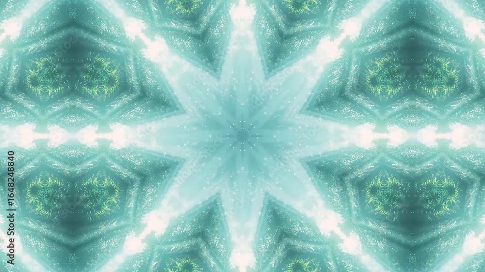 Poster hypnotic abstract starburst of shimmering turquoise and teal fractal patterns with glowing highlight