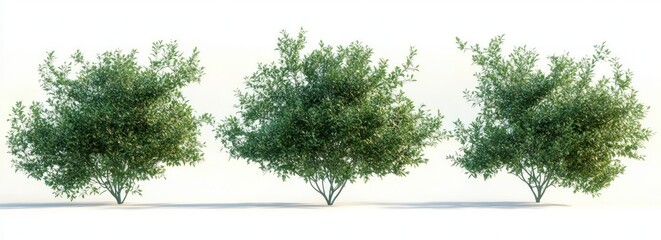 Three lush green bushes evenly spaced on a white background with soft shadows creating a serene and natural atmosphere