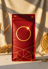 Elegant Burgundy Red Bag with Gold Foil Geometric Pattern and Blank Circle on Linen Fabric 