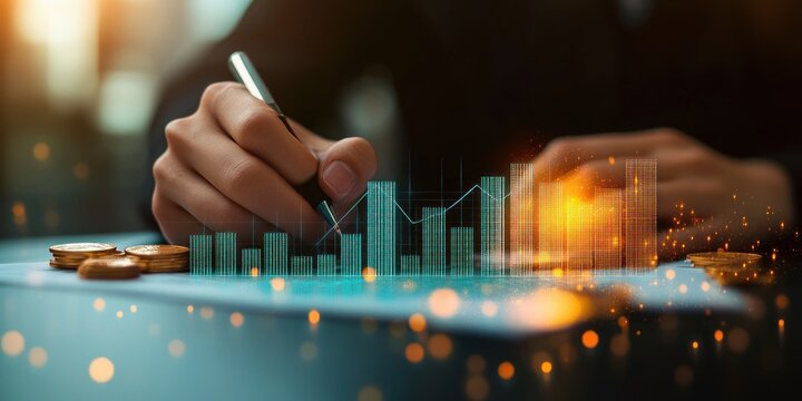 Close-up of hand holding pen over digital financial charts with glowing data bars and coins on table symbolizing investment analysis and monetary growth