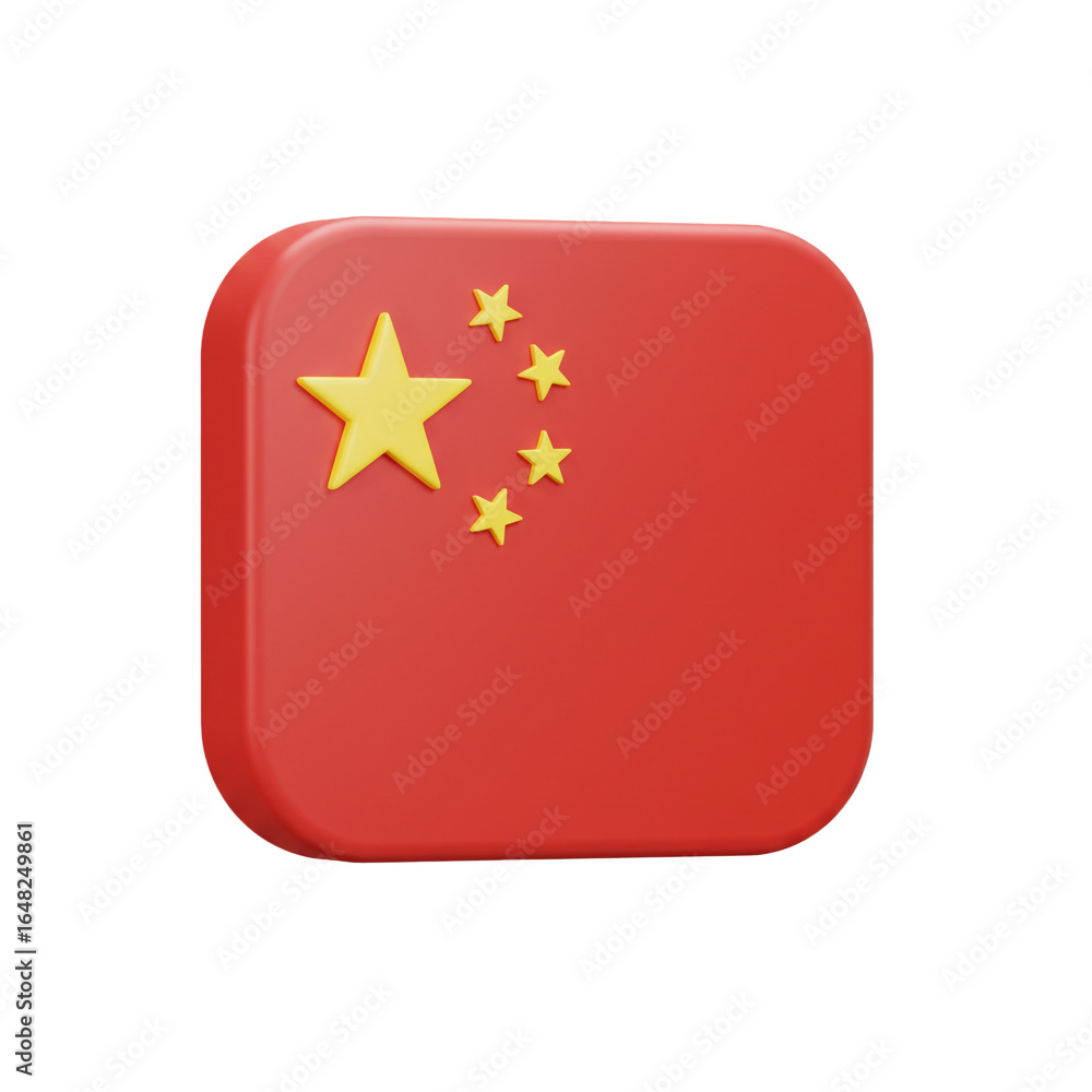 Poster a vibrant three-dimensional rendering of a rectangular flag featuring a bold red field with five yel