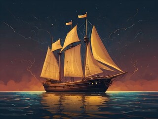 Art of a sailing ship in the ocean at night. Boat in ocean at night. The boats mast reaches high into the sky as it glides across the water, a beautiful and serene