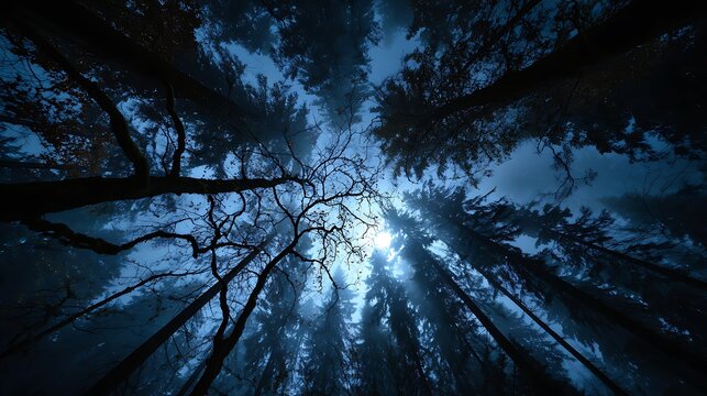 Low angle view of tall trees reaching towards the sky with a bright light in the background