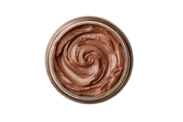 Top-down view of a round glass jar filled with dark chocolate spread, swirled into a spiral pattern