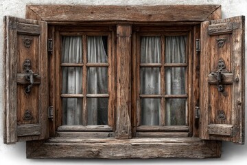 Rustic double-paned window with open shutters