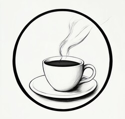 black and white sketch of a steaming hot coffee cup on a saucer inside a circular frame