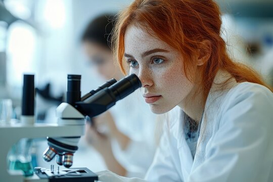 Focused young woman with red hair and freckles examining samples through a microscope in a bright laboratory setting