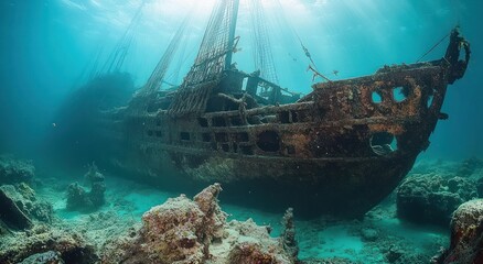 Large sunken rusty shipwreck on ocean floor illuminated by sunlight piercing the water with surrounding coral and marine life