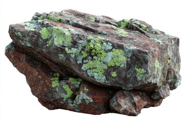 Irregularly shaped rock, layered, lichen-covered
