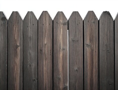 Close-up view of a straight row of vertical wooden fence panels with pointed tops showing natural wood grain and texture against a white background