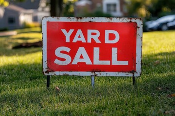 rusty red and white yard sale sign placed on green grass in residential neighborhood with blurred houses and cars in background