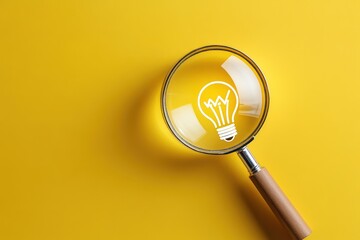 Magnifying glass with wooden handle focusing on a glowing light bulb icon on a bright yellow background symbolizing innovative ideas and creativity
