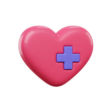 A glossy pink heart shape with a blue cross symbol represents health care and medical assistance in a simple and modern illustration.