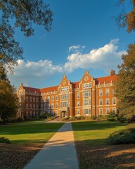 Obraz premium Large historic red brick building with white windows and ornate architectural details under a blue sky with scattered clouds surrounded by green trees and lawn in warm sunlight