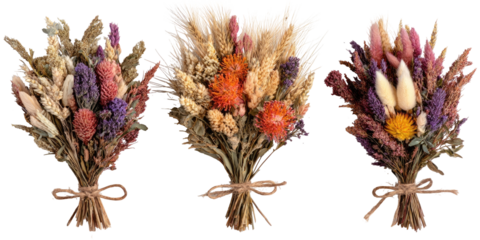 Three bundles of dried flower arrangements