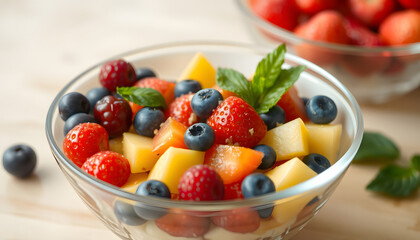 Fresh fruit salad in the bowl, 8k. White tone