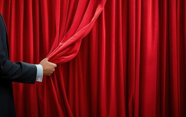 Person in formal suit pulling back rich red theater curtain revealing stage area behind it
