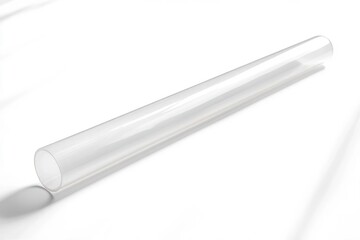 Transparent empty glass tube lying diagonally on a white surface with soft shadow