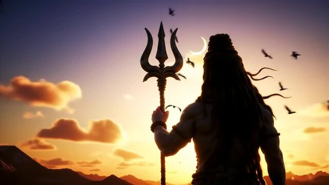 Epic silhouette of Hindu god Lord Shiva holding a trishula against a golden sunset sky. Spiritual, powerful, and divine concept.