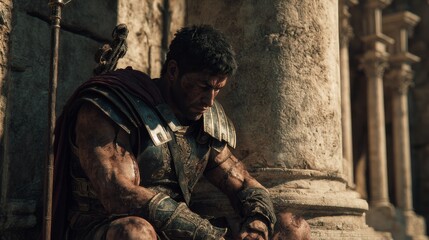 Fototapeta premium Brave gladiator reflecting on battle ancient rome action scene dramatic environment close-up view