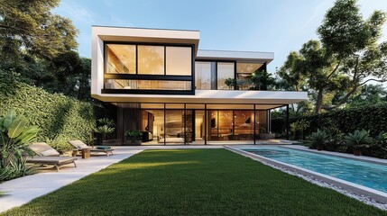 Modern two-story house with large glass windows overlooking a swimming pool and manicured lawn surrounded by lush greenery under a clear blue sky