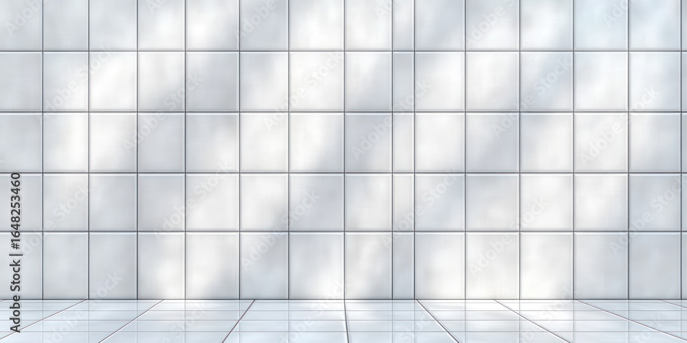 Poster minimalist empty room with smooth tiled white walls and matching floor reflecting soft natural light