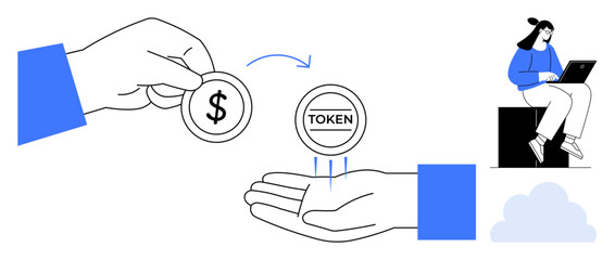 Hands exchanging dollar and token coins with arrows signifying transfer, female working on laptop, cloud. Ideal for cryptocurrency, blockchain, remote work, finance, cloud tech, fintech digital