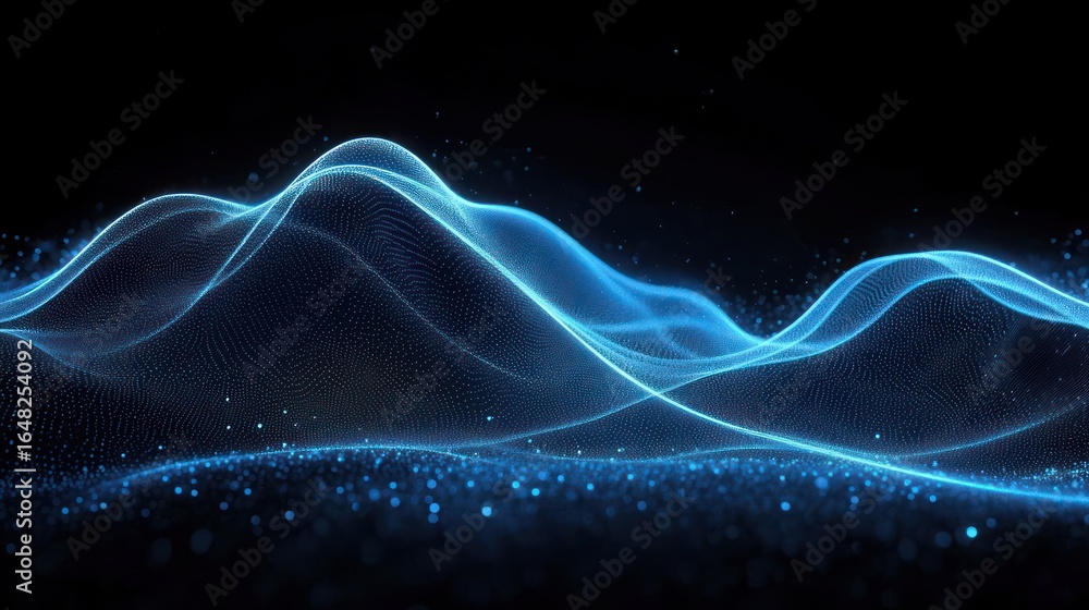 Poster abstract glowing blue waveforms and particle grid forming smooth, flowing hills against a dark backg