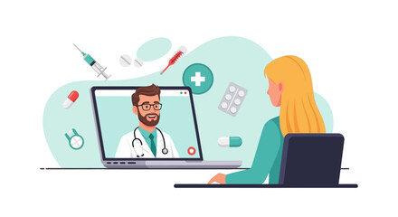 Female patient having an online video consultation with a male doctor on a laptop. Telemedicine, telehealth, and healthcare concept.