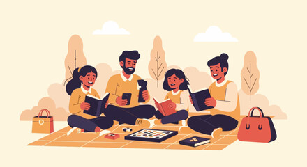 A loving family enjoying a relaxing day outdoors with a picnic, books, and games for quality bonding time.