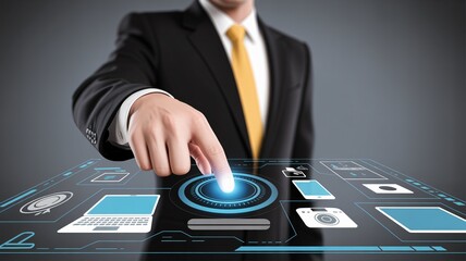 Modern businessman using vibrant touch screen interface today