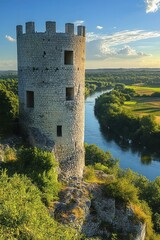 Ancient stone tower standing on rocky cliff overlooking a winding river surrounded by lush greenery and farmland under a bright blue sky with scattered clouds in late afternoon light
