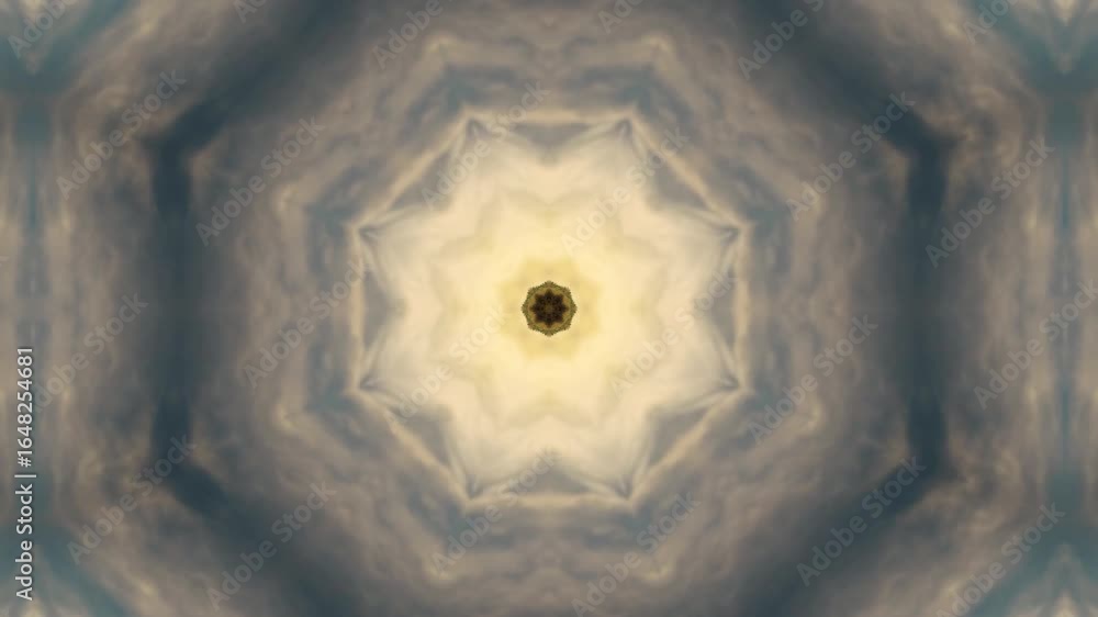 Poster hypnotic kaleidoscope effect with swirling clouds and central starburst pattern creating mesmerizing