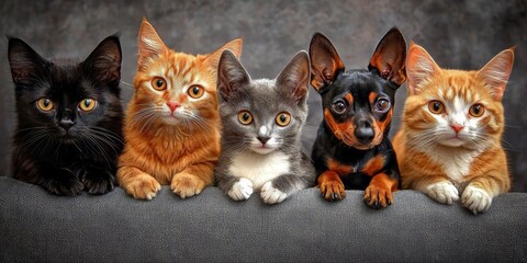 A delightful mix of cats and dogs share a moment on gray.