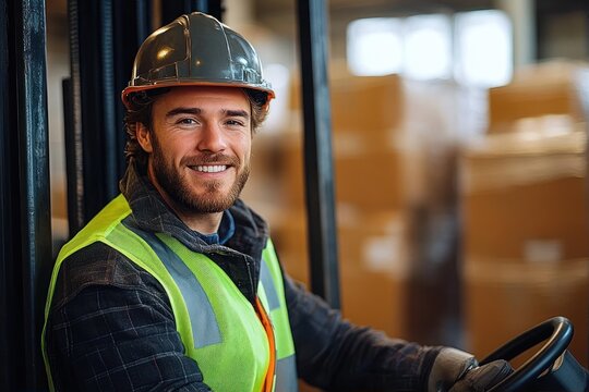 smiling male warehouse worker wearing safety helmet and high-visibility vest operating forklift with stacked cardboard boxes in background